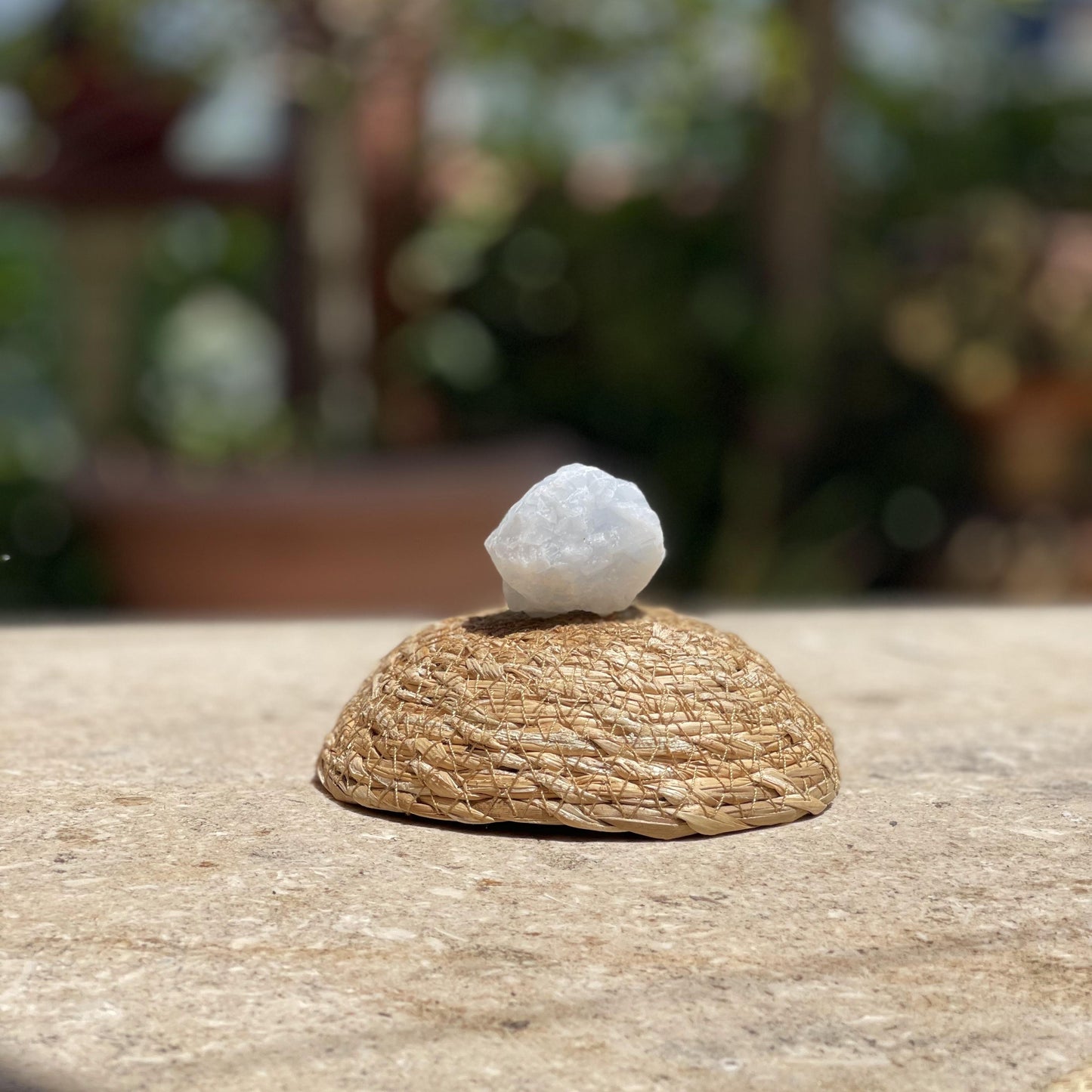 Natural Blue Calcite crystal with glass dome for stress relief and calming room decor.