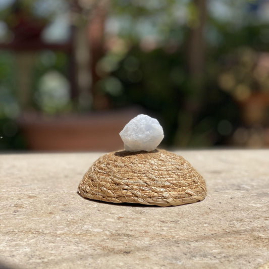 Natural Blue Calcite crystal with glass dome for stress relief and calming room decor.